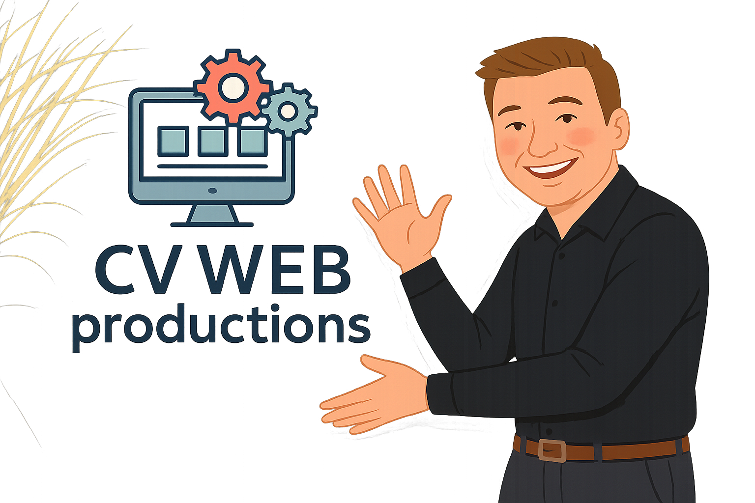 Illustratie van een man met handgebaar naast een computericoon en tandwielen, met tekst CV WEB products.